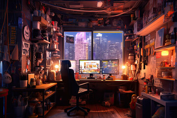 Fototapeta na wymiar A Cyberpunk style synthwave office background - made with generative ai