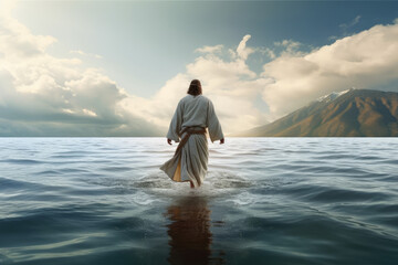 Fototapeta na wymiar Jesus walking on water- made with generative ai