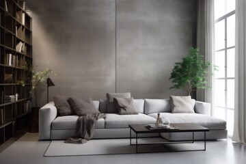 interior living room stylish space furniture pillow grey white couch carpet cushion home. Generative AI.