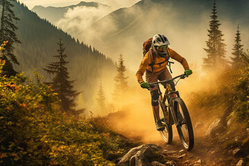 Fototapeta na wymiar Mountain biker with grey helmet riding through mountains - made with generative ai 