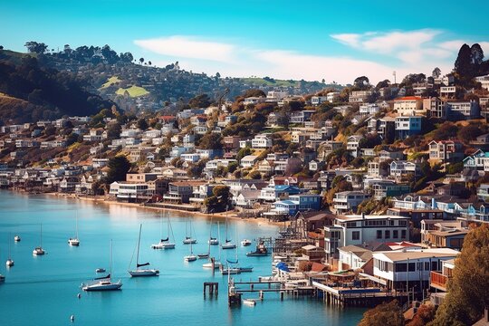Waldo Point Harbor Photograph, Vibrant Sausalito Town, Charming Houseboats, San Francisco Bay, Generative AI