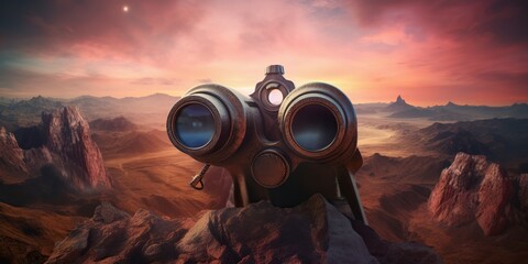 A pair of binoculars peering into a vibrant, otherworldly landscape, symbolizing the discovery of new realms, concept of Exploration, created with Generative AI technology