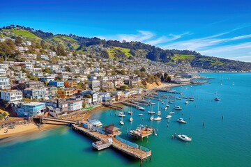 Fototapeta na wymiar Waldo Point Harbor Photograph, Vibrant Sausalito Town, Charming Houseboats, San Francisco Bay, Generative AI