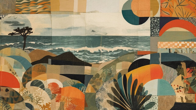 Collage composition of seascape made of retro paper created with generative ai tools