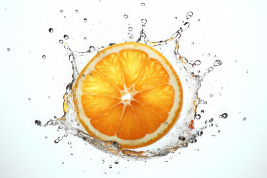 Juicy orange slice and splashes of water on a white background. AI generative.