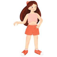 A pretty smiling confident girl in shorts is standing. Isolated watercolor illustration of a teenager. Brunette with a front view. For workbook, notepad, writing pad, printing, scrapbooking, design