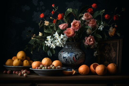 A vase with flowers and fruit on a table, with a dark background, and some leaves and flowers in the foreground. Generative AI