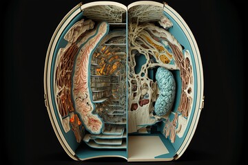 A cross-section of a cyborg's sci-fi fantasy human organ isolated on black background. These technologically advanced organs can provide augmented physical capabilities or create chemical substances. - obrazy, fototapety, plakaty