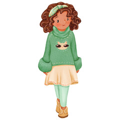 A dark-skinned smiling girl in a skirt is walking, looking around. Isolated watercolor illustration of a teenager. character with a front view. For workbook, notebook, printing, scrapbooking, design