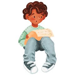 A dark-skinned boy, surprised, looks worriedly at the todolist. Isolated watercolor illustration of a teenager. Character with a front view. For workbook, notebook, printing, scrapbooking, design, ad