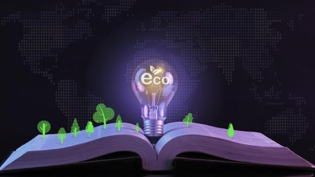 Light bulb with virtual tree icons on open book. Net zero greenhouse gas emissions target. Climate neutral long term strategy. Ecological, renewable energy and save environment concept.