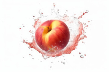 Peach and splashes of water on a white background. AI generative.