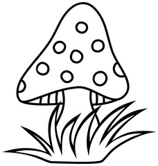 Coloring book page with mushroom in grass. Toadstool outline illustration.