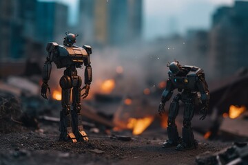 Robots observing a burned city. Generative AI