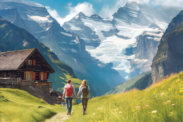 Fototapeta na wymiar Wengen Jungfrau travel destination. Tourist couple on sunny mountain with beautiful panoramic view. Generative AI.