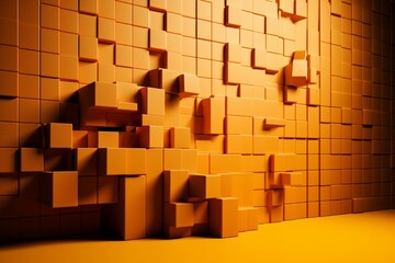 A wall made of interlocking 3D blocks in various shapes and sizes against an orange and yellow tech wallpaper. Copy-space available. Generative AI