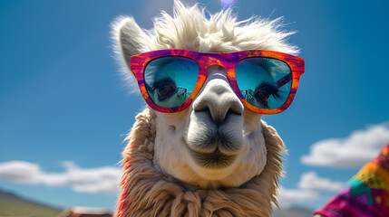 Portrait lustiges Lama trägt eine Sonnenbrille. Generative AI - obrazy, fototapety, plakaty
