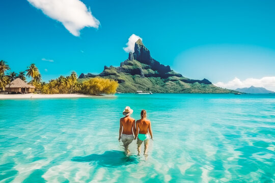 Bora bora travel destination. Tourist couple on sunny sandy beach with beautiful landscape. Generative AI.