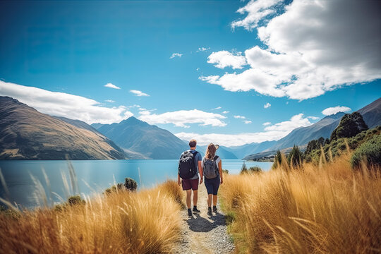 New Zealand travel destination. Tourist couple in sunny nature with beautiful landscape views. Generative AI.