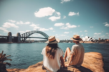 Fototapeta premium Sydney travel destination. Tourist couple in sunny city beautiful urban landscape view. Generative AI.