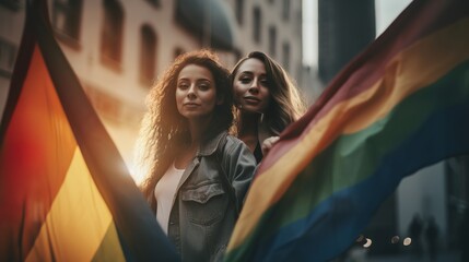 Women couple with rainbow, lgbt flag, Generative AI