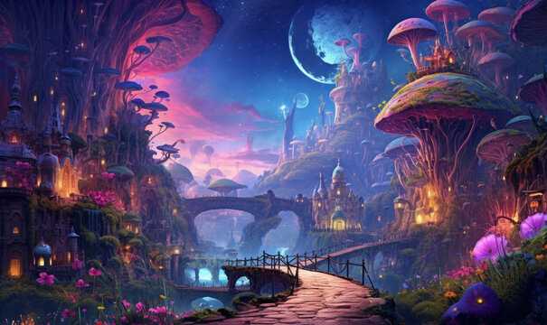 Fantasiedorf in einer magischen Welt bei Nacht, Illustration, generative KI