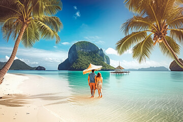 Palawan travel destination. Tourist couple on sunny sandy beach with beautiful landscape. Generative AI.