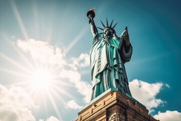 Obraz premium New Your statue of liberty travel destination. Tourist couple in sunny city beautiful urban landscape view. Generative AI.