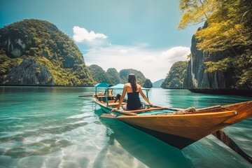 Plakat Palawan Philippines boat travel destination. Tourist couple on sunny sandy beach with beautiful landscape. Generative AI.