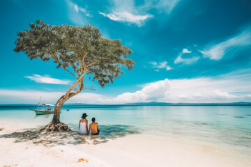 Cebu travel destination. Tourist couple on sunny sandy beach with beautiful landscape. Generative AI.