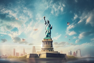 New Your statue of liberty travel destination. Tourist couple in sunny city beautiful urban landscape view. Generative AI. - obrazy, fototapety, plakaty