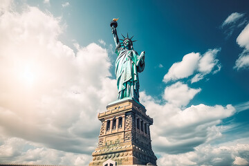 New Your statue of liberty travel destination. Tourist couple in sunny city beautiful urban landscape view. Generative AI. - obrazy, fototapety, plakaty