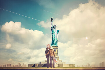 Fototapeta premium New Your statue of liberty travel destination. Tourist couple in sunny city beautiful urban landscape view. Generative AI.