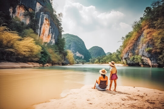 Thailand travel destination. Tourist couple on sunny sandy beach with beautiful landscape. Generative AI.