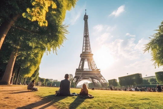 Paris travel destination. Tourist couple in sunny city beautiful urban landscape view. Generative AI.