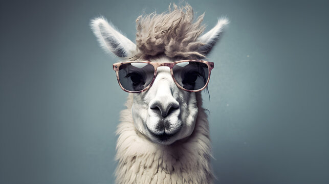 Portrait lustiges Lama tr&auml;gt eine Sonnenbrille. Generative AI