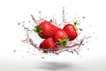 Sweet strawberries and splashes of water on a white background. AI generative.