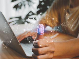 Man using thumb to scan fingerprints Authentication with modern technology protection of personal information