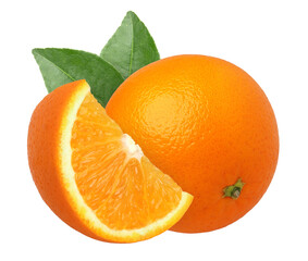 orange fruit with leaves and slice isolated, Orange fruit macro studio photo, transparent png, PNG format, cut out