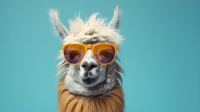 Portrait lustiges Lama tr&auml;gt eine Sonnenbrille. Generative AI
