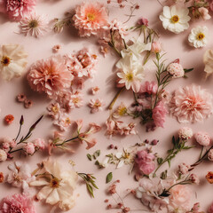 Springflowers and Blossoms on light pink canvas. Seamless Texture - Variation 1. Created with Generative AI technology. 