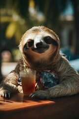 Naklejka premium Cute baby sloth sunbathing in the Maldives, Generative AI