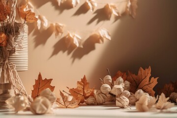 Fall-themed wallpaper featuring cream color with leaves and a holiday banner for copy-space. Generative AI