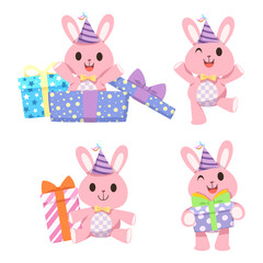 Cute rabbit design element for invitation card, party, animal lover, New Year's, Christmas, birthday parties and children's parties. Happy new year banner and new year gift