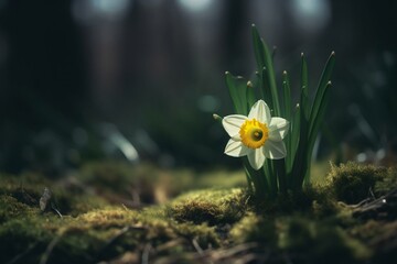 A daffodil bloom in green nature clearing during spring. Generative AI