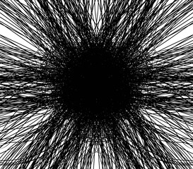Circular starburst explosion. Grunge background. Black marker drawing. Radial black and white illustration.