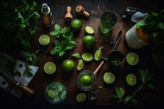 Top view of ingredients and bar tools for mojito or caipirinha cocktail and mocktail preparation on dark background. Generative AI