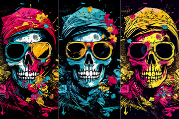 set Skulls and flowers in grunge style, T-shirt design.
