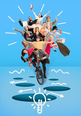 Obraz na płótnie Canvas Creative group. Team, employees riding bike together over blue background. Ideas, brainstorming, imagination. Contemporary art collage. Business, office, career development, success and gorwth concept