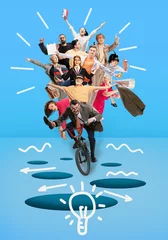 Fototapeten Creative group. Team, employees riding bike together over blue background. Ideas, brainstorming, imagination. Contemporary art collage. Business, office, career development, success and gorwth concept © master1305